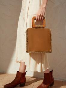 SHEIN VCAY 女士們簡約風&時尚PU皮革拼貼手拿包帶多功能設計 - 駝色 - 查看 9