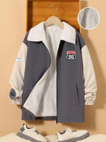 SHEIN Tween Boy Letter Patched Detail Thermal Lined Coat - Black - View 1