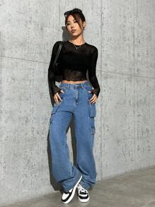 SHEIN EZwear Spider Web Print Lettuce Trim Crop Mesh Top Without Cami Top