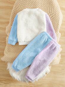 SHEIN 少女心刺繡拼色泰迪熊運動衫和褲子 - 藍色 - 查看 2