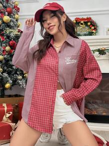 SHEIN Unity 女士时尚休闲纽扣拼布长袖衬衫