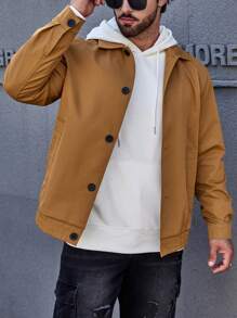 Manfinity Homme Men's Loose Fit Button Up Jacket With Slant Pocket - Brown - View 4