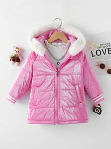 SHEIN Casaco acolchoado com capuz e acabamento felpudo para meninas sem suéter