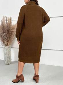 EMERY ROSE Plus Turtleneck Raglan Sleeve Sweater Dress In Fall/Winter - Brown - View 2