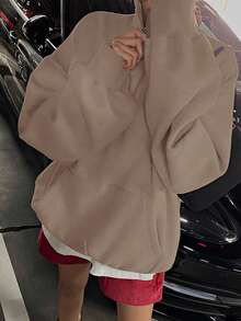 DAZY Half Zip Kangaroo Pocket Drop Shoulder Sweatshirt - Khaki - View 2