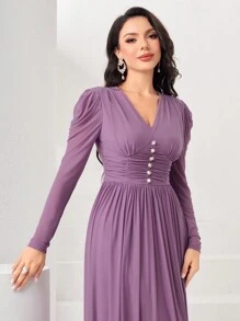 Modelyn Puff Sleeve Button Front Dress Long Evening Dresses - Dusty Pink - View 5