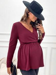 SHEIN Maternity Solid Wrap Nursing Detail Babydoll Tee - Burgundy - View 4
