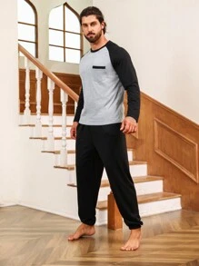 Men Colorblock Raglan Sleeve Tee & Pants PJ Set - Multicolor - View 6