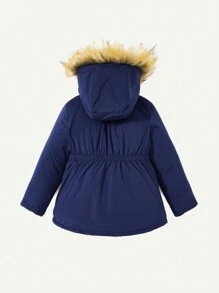 男嬰毛絨飾邊連帽保暖襯裡派克大衣 - 藏蓝色 - 查看 2