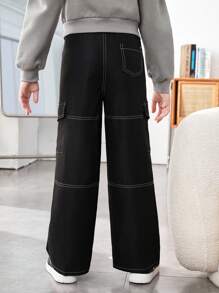 Tween Girls' Woven Solid Color Wide Leg Pants With Loose Fit And Double Patch Pockets - Black - View 2