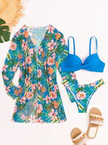 SHEIN Tropical Print Push Up Bikini Set With Kimono - Multicolor - View 4