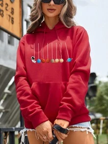 SHEIN LUNE 星球印花袋鼠口袋抽繩加絨內裏連帽衫 - 紅色 - 查看 5