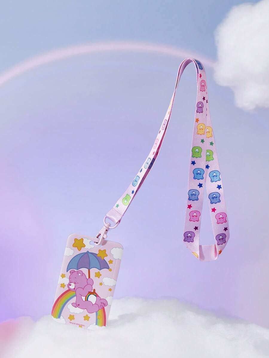 SHEIN X Care Bears 1pc Pink Star & Bear Print Card Holder With Lanyard, Gifts - Pink - View 1