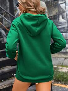 SHEIN Essnce Butterfly & Floral Print Kangaroo Pocket Drop Shoulder Drawstring Thermal Lined Hoodie - Green - View 2