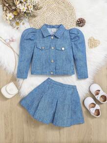 SHEIN Baby Girls' Casual Jacket & Elastic Waist Skirt Set - Medium Wash - View 1