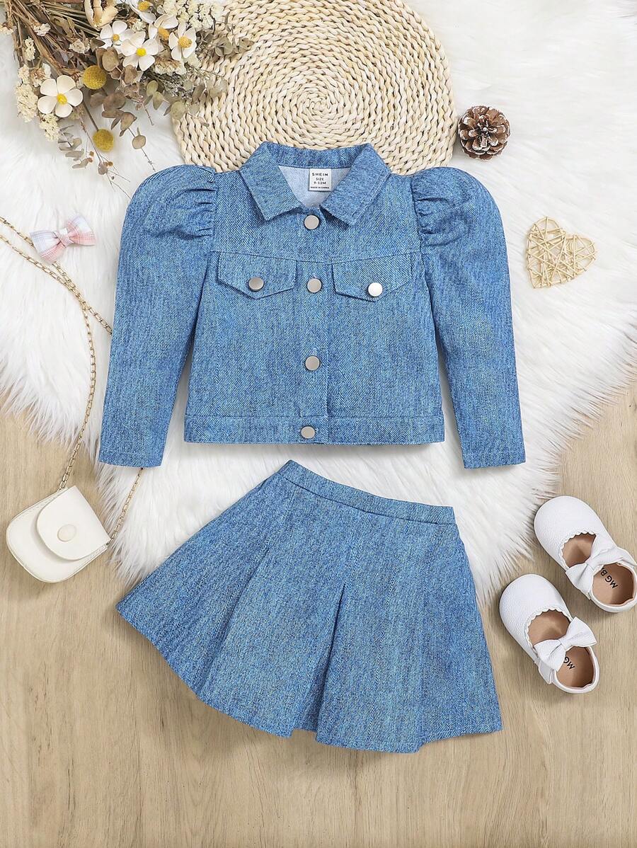 SHEIN Baby Girls' Casual Jacket & Elastic Waist Skirt Set - Medium Wash - View 1