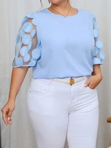 SHEIN Privé 加貼花網袖襯衫 - 藍色 - 查看 3