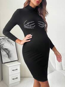 SHEIN 孕婦骷髏手掌圖案小高領緊身洋裝 - 黑色 - 查看 3