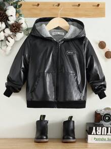SHEIN 男小童拉鏈開襟加絨內裏連帽PU皮革夾克 - 黑色 - 查看 7