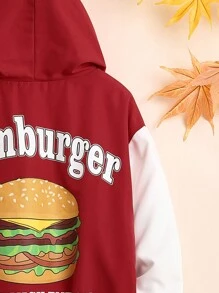 SHEIN Tween Boy Hamburger & Letter Graphic Two Tone Hooded Jacket - Red - View 6