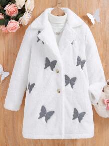 SHEIN Chica preadolescente Abrigo reflectante con patrón de mariposa de peluche sin jersey - Blanco - Ver 3