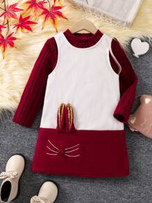 SHEIN Young Girl Mock Neck Tee & Cartoon Graphic Dress - Red and White - View 1