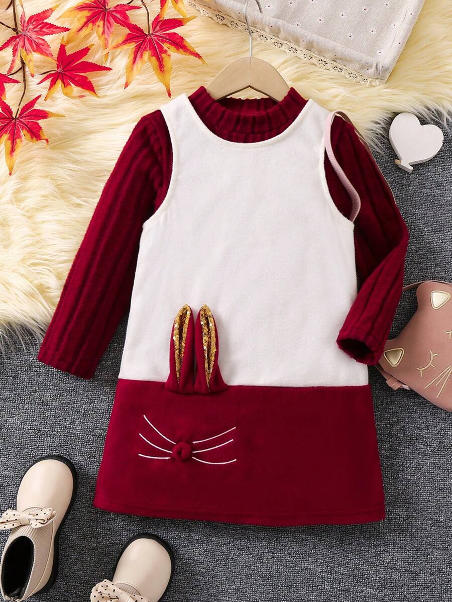 SHEIN Young Girl Mock Neck Tee & Cartoon Graphic Dress - Red and White - View 1