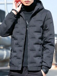 Men Zip Up Hooded Padded Coat - Black - View 4