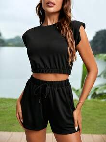 SHEIN Unity 素色短款上衣和腰部抽繩短褲 - 黑色 - 查看 5