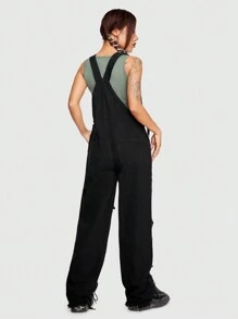 ROMWE Grunge Punk 破洞抽鬚背帶連身褲不附帶背心 - 黑色 - 查看 3