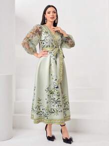 Modelyn Floral Print Lantern Sleeve Belted Evening Dress - Mint Green - View 1
