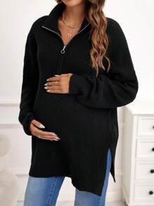 SHEIN Maternity Half Zip Drop Shoulder Split Hem Sweater With Long Sleeve, For Winter