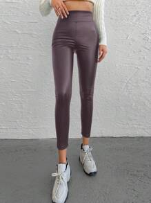 RueChic 淨色寬帶腰部 PU 打底褲 - 紫色 - 查看 1