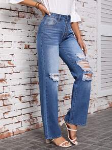 SHEIN LUNE 紐扣門襟破洞直筒牛仔褲 - 藍色 - 查看 5