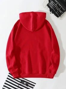 男士字母圖案袋鼠口袋抽繩保暖連帽衫 - 紅色 - 查看 2