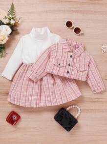 SHEIN Baby Mock Neck Plaid Tweed Dress & Flap Detail Jacket - Multicolor - View 1
