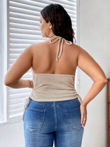 Calvaya Plus Draped Collar Drawstring Side Tie Backless Halter Top - Apricot - View 2