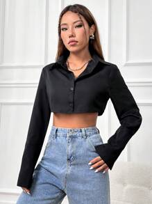 Lunelith SHEIN Lunessa Krótka koszula z jednolitymi guzikami z przodu