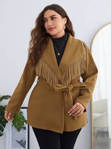 SHEIN Clasi Plus Fringe Trim Waterfall Collar Belted Overcoat - Brown - View 4