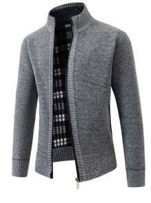 韩版男士休闲拉链开衫，经典柔软针织开衫，带口袋，加厚保暖内衬，适合秋冬季节，长袖上衣 - 淺灰色 - 查看 3