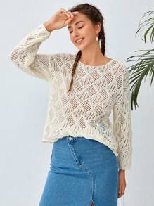 Soleia Solid Drop Shoulder Open Knit Sweater - Apricot - View 1