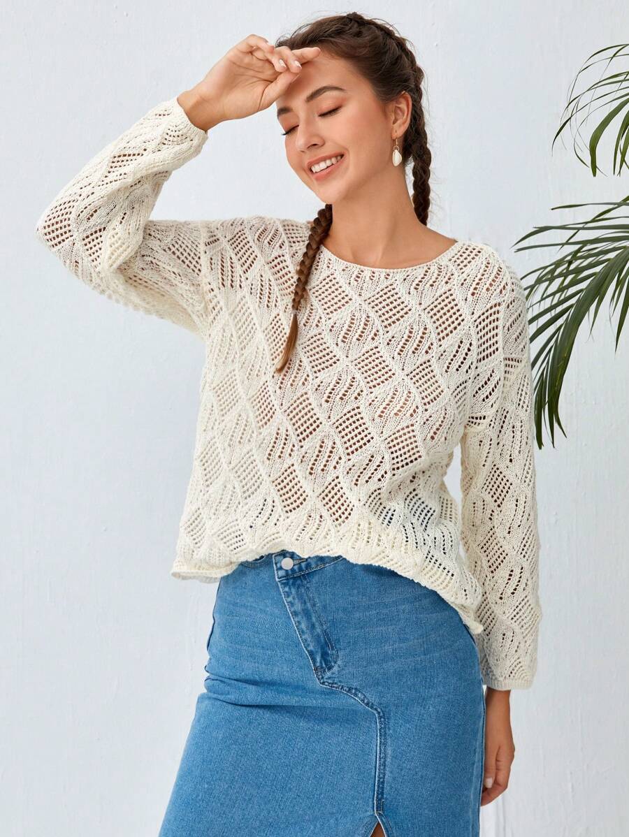 Soleia Solid Drop Shoulder Open Knit Sweater - Apricot - View 1