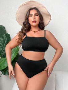 SHEIN Swim Curve Plus Solid Bandeau Bikini Set - Black - View 5