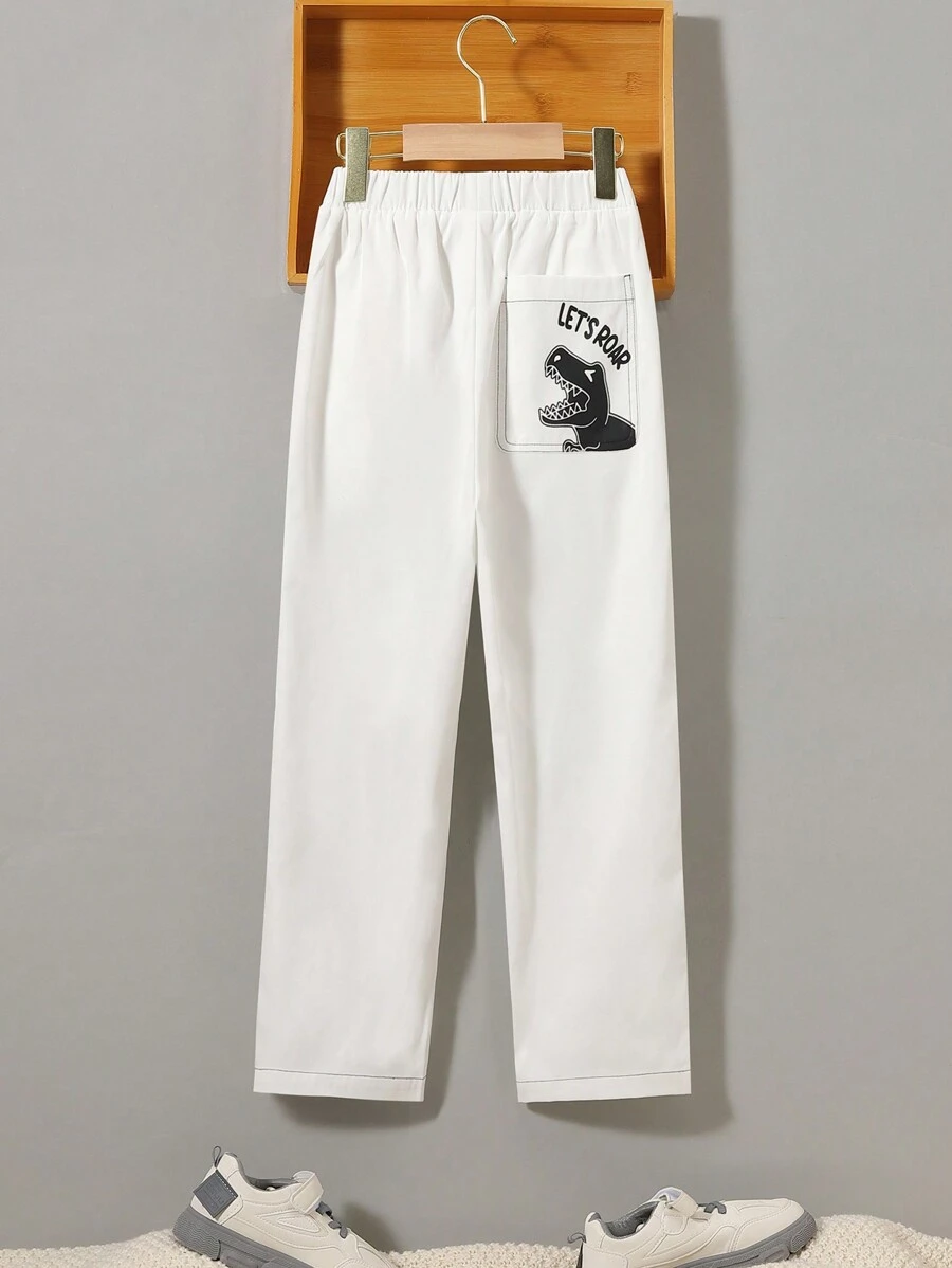 SHEIN Tween Boy Dinosaur Print Straight Leg Pants - Khaki - View 1