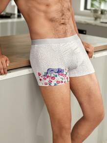 男士3入組花卉圖案豹紋印花織帶拼接腰男式泳褲 - 彩色 - 查看 4