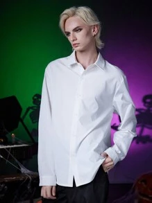 ROMWE MEN Goth 男士纯色纽扣前开衬衫，适合秋季 - 白色 - 查看 6