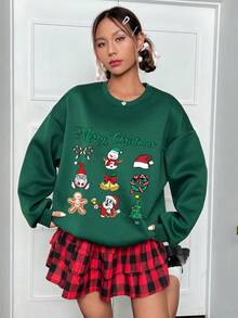 SHEIN Qutie Christmas Print Drop Shoulder Sweatshirt - Dark Green - View 3