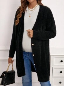 SHEIN 孕婦落肩袖前紐扣開襟衫 - 黑色 - 查看 3