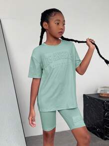 SHEIN NovaGlow Tween Girl Tween Girl Letter Graphic Drop Shoulder Tee & Biker Shorts - Mint Green - View 3