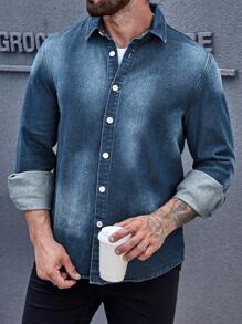 Manfinity Homme Men Solid Button Front Denim Shirt - Blue - View 3